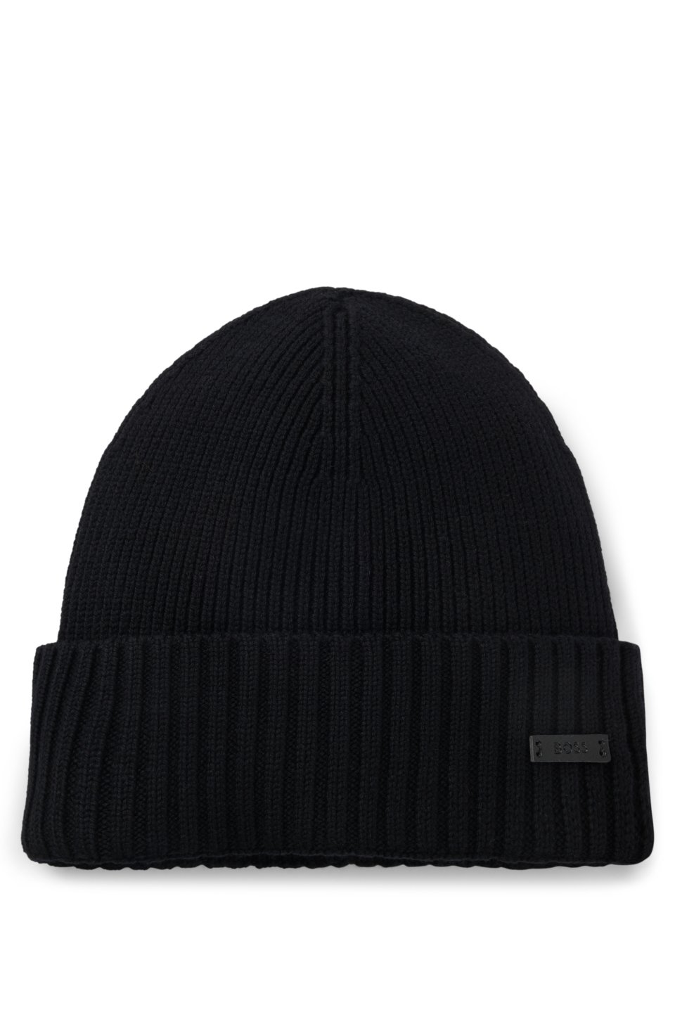 Rib-knit virgin-wool beanie with logo plaque