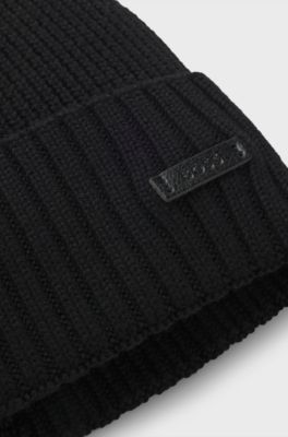Rib-knit virgin-wool beanie with logo plaque, Black
