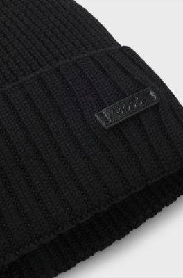 Rib-knit virgin-wool beanie with logo plaque, Black