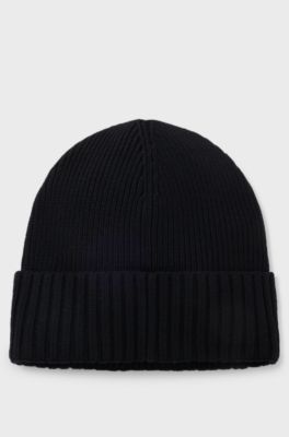 Rib-knit virgin-wool beanie with logo plaque, Black