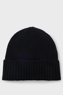 Rib-knit virgin-wool beanie with logo plaque, Black