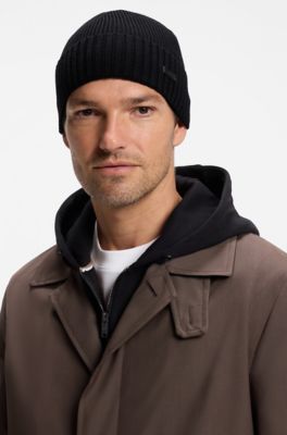 Rib-knit virgin-wool beanie with logo plaque, Black