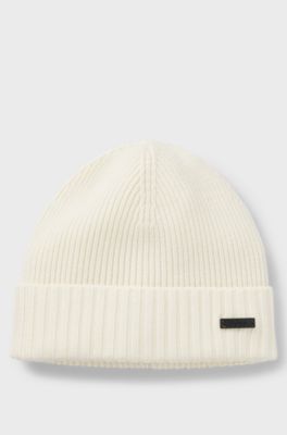 Rib-knit virgin-wool beanie with logo plaque, White