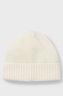 Rib-knit virgin-wool beanie with logo plaque, Natural