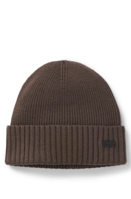 Rib-knit virgin-wool beanie with logo plaque, Dark Brown
