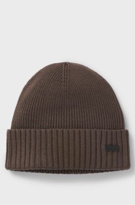 Rib-knit virgin-wool beanie with logo plaque, Dark Brown