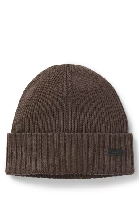 Rib-knit virgin-wool beanie with logo plaque