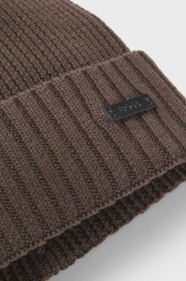 Rib-knit virgin-wool beanie with logo plaque, Dark Brown