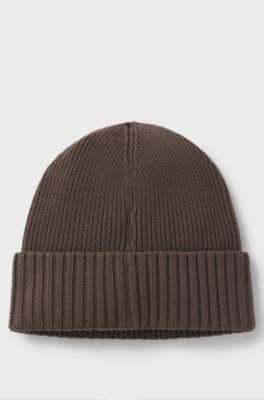 Rib-knit virgin-wool beanie with logo plaque, Dark Brown