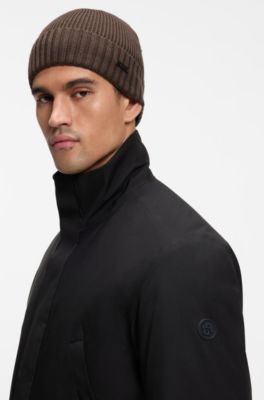Rib-knit virgin-wool beanie with logo plaque, Dark Brown