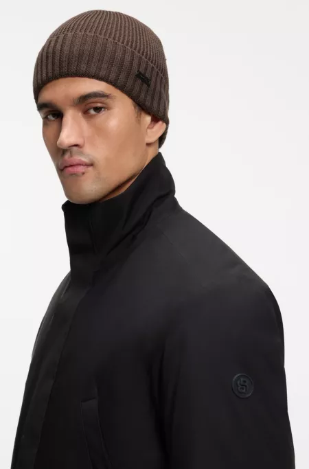 Rib-knit virgin-wool beanie with logo plaque