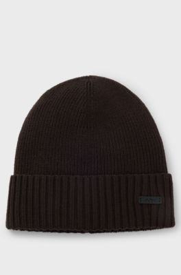 Rib-knit virgin-wool beanie with logo plaque, Dark Brown