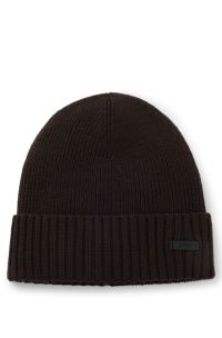 Beanie hat in virgin wool with logo plaque, Dark Brown