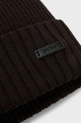Rib-knit virgin-wool beanie with logo plaque, Dark Brown