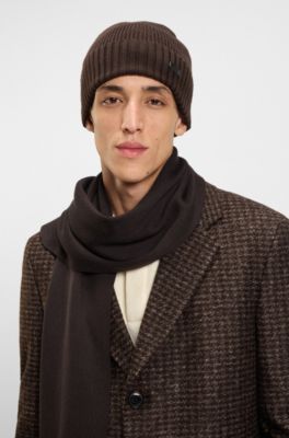 Rib-knit virgin-wool beanie with logo plaque, Dark Brown