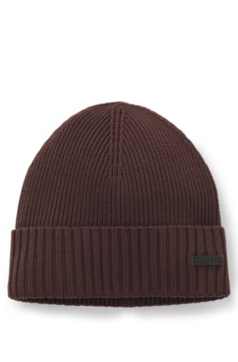 Rib-knit virgin-wool beanie with logo plaque