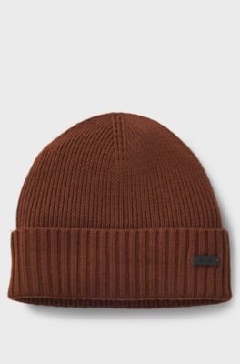 Rib-knit virgin-wool beanie with logo plaque, Brown