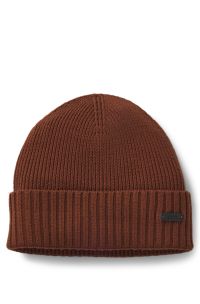 Rib-knit virgin-wool beanie with logo plaque, Brown