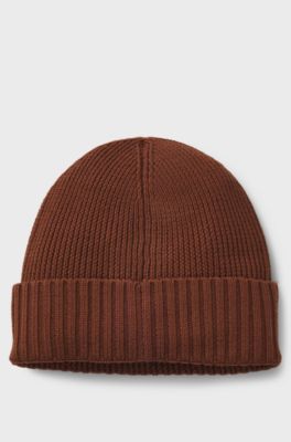 Rib-knit virgin-wool beanie with logo plaque, Brown