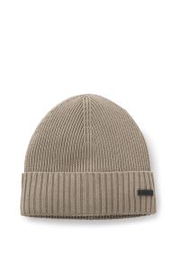 Rib-knit virgin-wool beanie with logo plaque, Light Brown