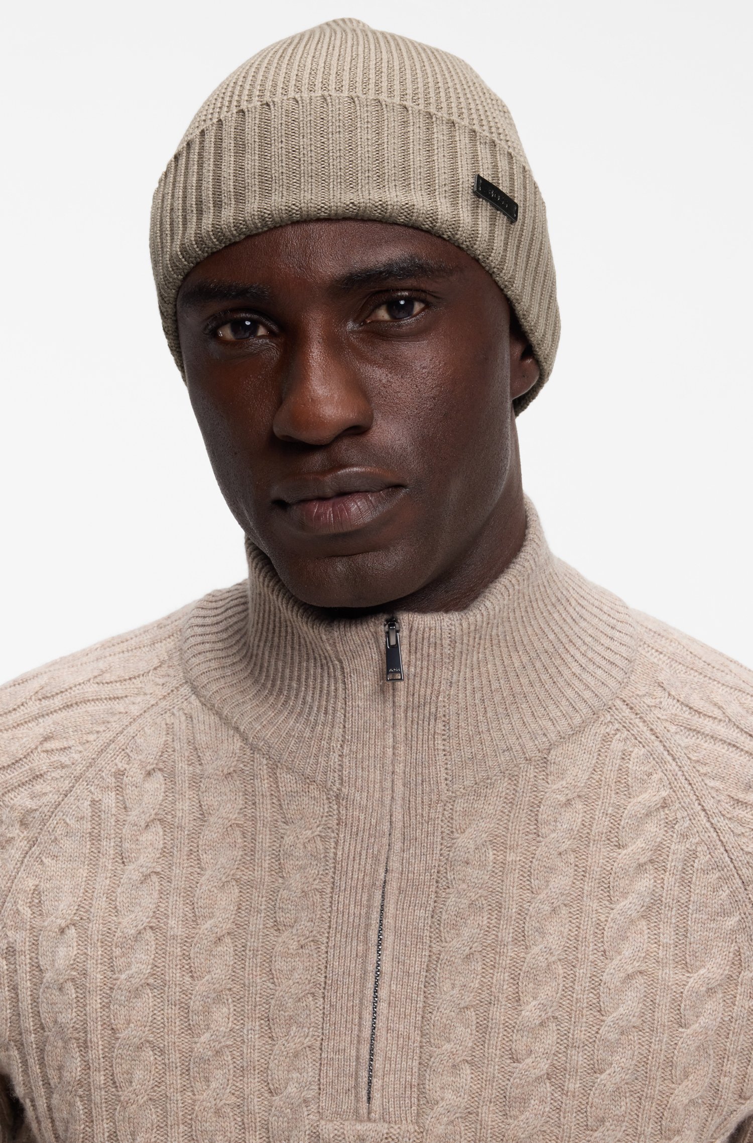 Boss Rib-knit virgin-wool beanie with logo plaque mössor herr – bild 2
