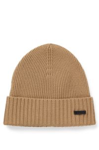 Bonnet en laine vierge avec plaque logotée, Beige