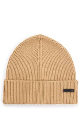 Hugo Boss Ribbed Beanie Hat In Responsible Virgin Wool In Neutral