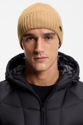 Rib-knit virgin-wool beanie with logo plaque, Beige
