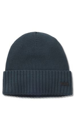Rib-knit virgin-wool beanie with logo plaque, Dark Blue