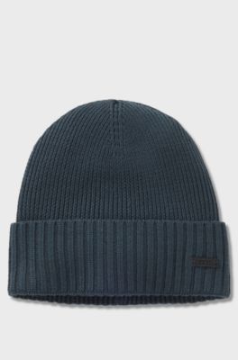 Rib-knit virgin-wool beanie with logo plaque, Dark Blue