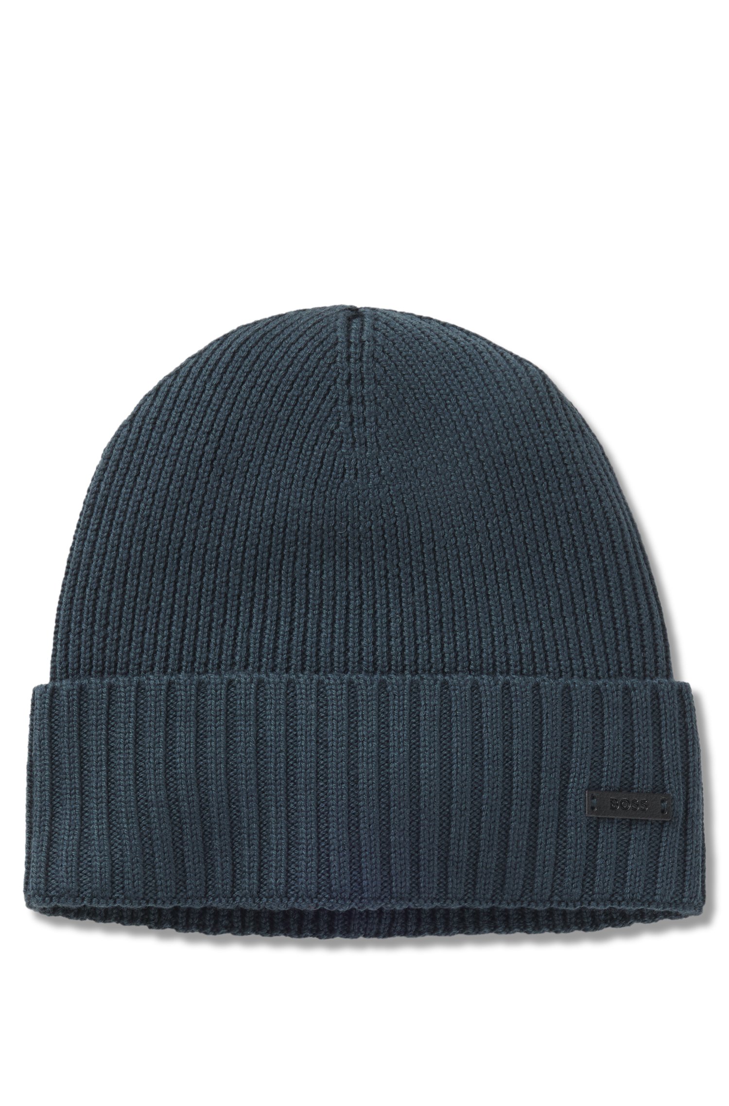 Boss Rib-knit virgin-wool beanie with logo plaque mössor herr