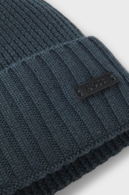 Rib-knit virgin-wool beanie with logo plaque, Dark Blue