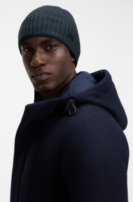 Rib-knit virgin-wool beanie with logo plaque, Dark Blue