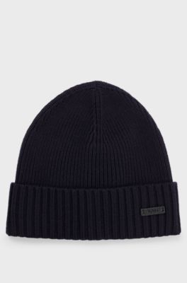 Bonnet en laine vierge avec plaque logot&eacute;e, Bleu fonc&eacute;