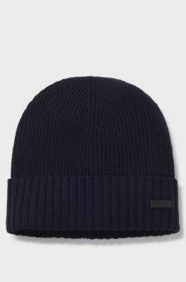 Rib-knit virgin-wool beanie with logo plaque, Dark Blue