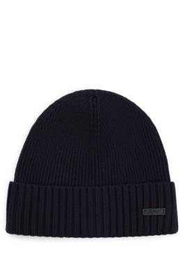 Hugo Boss Ribbed Beanie Hat In Responsible Virgin Wool In Dark Blue