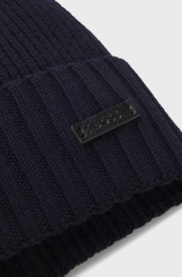 Rib-knit virgin-wool beanie with logo plaque, Dark Blue