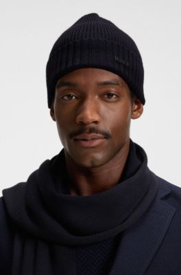 Rib-knit virgin-wool beanie with logo plaque, Dark Blue