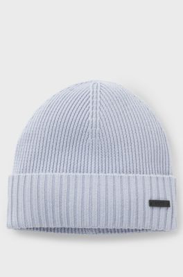 Rib-knit virgin-wool beanie with logo plaque, Light Blue