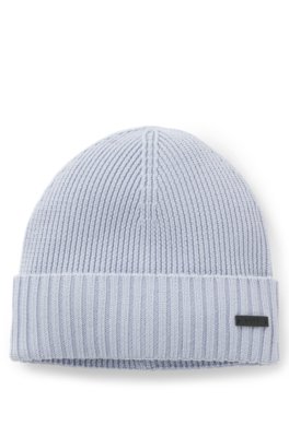 Rib-knit virgin-wool beanie with logo plaque