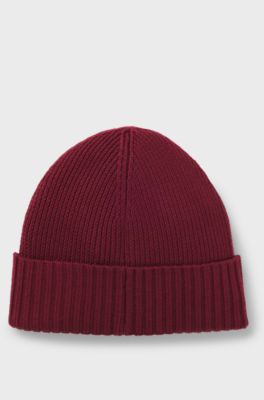 Rib-knit virgin-wool beanie with logo plaque, Dark Red