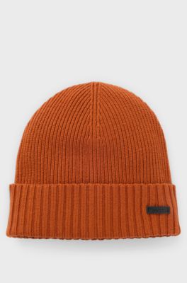 Rib-knit virgin-wool beanie with logo plaque, Dark Orange