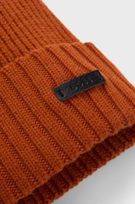 Rib-knit virgin-wool beanie with logo plaque, Dark Orange