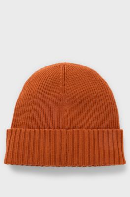 Rib-knit virgin-wool beanie with logo plaque, Dark Orange