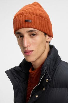 Rib-knit virgin-wool beanie with logo plaque, Dark Orange