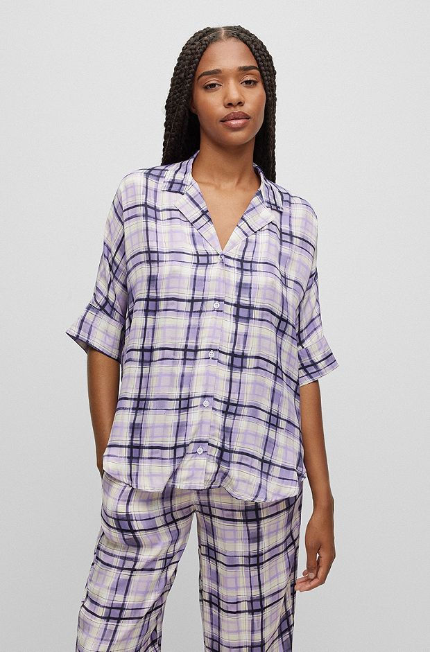 Relaxed-fit pyjama shirt in checked satin, Light Purple