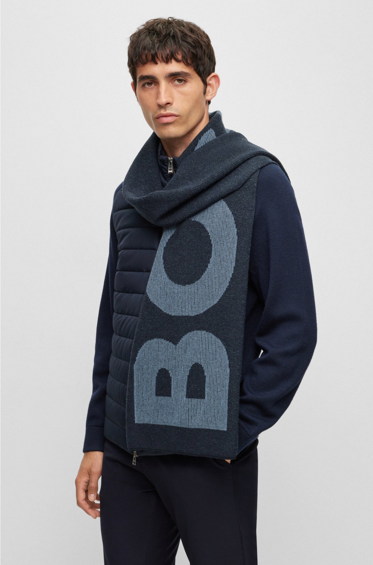 BOSS - Logo-knit blend a scarf in cotton-wool
