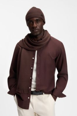Knitted scarf in virgin wool with logo detail, Dark Brown