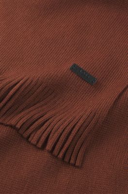 Knitted scarf in virgin wool with logo detail, Brown