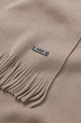 Sciarpa in maglia di lana vergine con dettaglio logo, Marrone chiaro